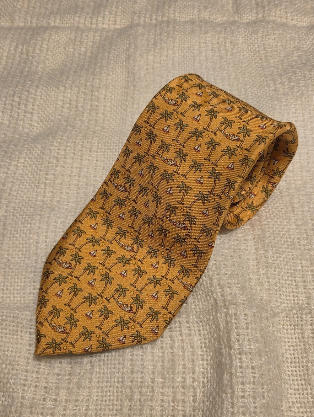 Salvatore Ferragamo Silk Tie Orange Green Tropical Palm Tree Sailboat Novelty
